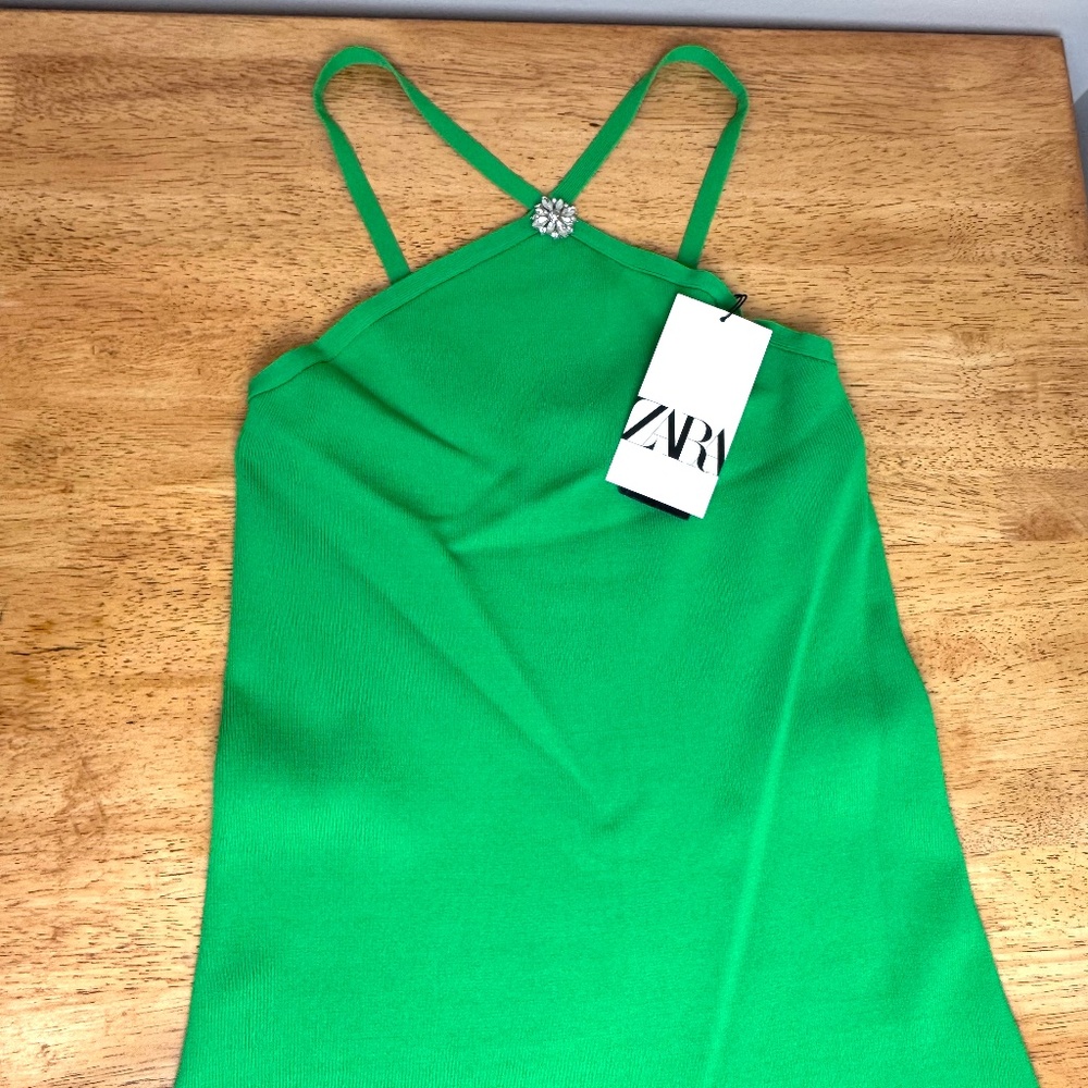 NWT Vibrant Green Zara Strappy Knit Dress with Rhinestone Detail. Size Small